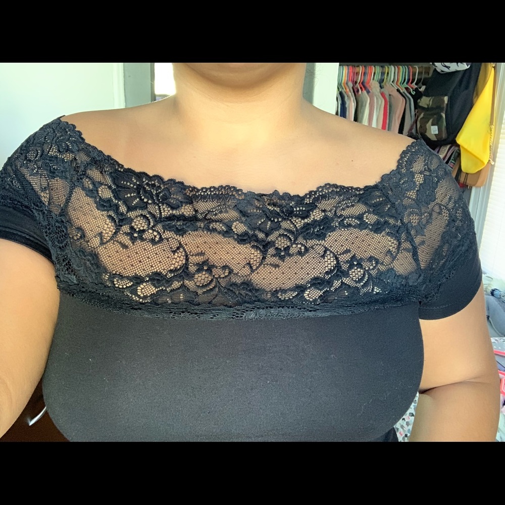 Off-shoulder lace top.